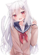 1girl animal_ear_fluff animal_ears bangs black_sailor_collar blush brown_sweater cat_ears cat_girl cat_tail commentary_request d eyebrows_visible_through_hair fang grey_hair hair_between_eyes hair_ornament hairclip hand_up head_tilt highres long_hair long_sleeves looking_at_viewer neckerchief original puffy_long_sleeves puffy_sleeves red_eyes red_neckerchief ringouulu sailor_collar school_uniform serafuku shirt simple_background sleeves_past_wrists smile solo sweater tail twitter_username upper_body very_long_hair white_background white_shirt x_hair_ornament // 880x1240 // 759.8KB