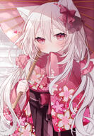 1girl animal_ear_fluff animal_ears blush bow brown_hakama commentary_request floral_print fox_ears grey_hair hair_between_eyes hair_bow hakama hakama_skirt highres holding holding_umbrella japanese_clothes kimono long_sleeves looking_at_viewer o oil-paper_umbrella original parted_lips print_kimono red_bow red_kimono red_umbrella ringouulu skirt sleeves_past_fingers sleeves_past_wrists snow solo twitter_username umbrella wide_sleeves // 910x1314 // 1.2MB