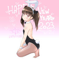 1girl 2023 animal_ears bare_shoulders black_bow black_bowtie black_leotard blush bow bowtie brown_hair brown_pantyhose chinese_zodiac collar commentary_request detached_collar from_side full_body hair_bow hairband happy_birthday kneeling leotard long_hair looking_at_viewer looking_to_the_side mayafufu no_shoes original pantyhose parted_lips playboy_bunny profile rabbit_ears rabbit_tail red_eyes revision sensitive soles solo strapless strapless_leotard tail text_background translation_request twintails white_collar white_hairband wrist_cuffs year_of_the_rabbit // 2606x2606 // 883.1KB