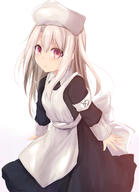 1girl apron black_dress blush breasts dress fatekaleid_liner_prisma_illya fate_(series) fate_kaleid_liner_prisma_illya general hat highres illyasviel_von_einzbern long_hair looking_at_viewer maid red_eyes sen_(astronomy) sidelocks small_breasts smile solo white_apron white_hair white_hat // 1000x1378 // 404.0KB