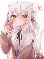 1girl animal_ear_fluff animal_ears black_ribbon black_skirt blush brown_cardigan brown_eyes cardigan cat_ears cat_girl cat_tail closed_mouth collared_shirt commentary_request double_bun doughnut dress_shirt food food_on_face grey_hair hair_between_eyes hair_bun hair_intakes hair_ornament hair_ribbon hairclip heart highres holding holding_food licking_lips long_hair long_sleeves looking_at_viewer neck_ribbon off_shoulder open_cardigan open_clothes original puffy_long_sleeves puffy_sleeves ribbon ringouulu school_uniform shirt simple_background skirt sleeves_past_wrists solo spoken_heart star_(symbol) star_hair_ornament tail tongue tongue_out very_long_hair white_background white_shirt // 1216x1634 // 1.3MB