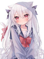 1girl animal_ear_fluff animal_ears bangs black_ribbon black_sailor_collar black_skirt blush bow cat_ears cat_girl cat_tail closed_mouth commentary_request grey_hair grey_sweater hair_between_eyes hair_ribbon highres long_hair looking_at_viewer original pleated_skirt pout red_bow red_eyes ribbon ringouulu sailor_collar school_uniform serafuku simple_background skirt solo sweater t tail tail_bow tail_ornament tail_raised twitter_username two_side_up very_long_hair watermark white_background // 1120x1505 // 1.1MB