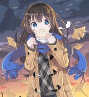 1_female bangs baozi black_skirt blue_eyes blue_scarf blush brown_coat brown_hair cloud cloudy_sky coat commentary_request covered_mouth duffel_coat eyebrows eyebrows_visible_through_hair female food fringe_trim ginkgo_leaf grey_sweater hair_between_eyes hands_up holding holding_food long_hair long_sleeves open_clothes open_coat original outdoors outside pixiv_188106 pixiv_78095869 plaid plaid_sweater pleated_skirt safe scarf seifuku skirt sky sleeves_past_wrists solo sunset sweater tantan_men_(dragon) tantanmen170 very_long_hair たんたんめん もこもこ // 1555x1700 // 585.6KB