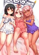 3girls arms_up ass bare_legs bare_shoulders barefoot bed black_hair blush bound bound_wrists breasts camisole carbon12th chloe_von_einzbern closed_mouth collarbone cuffs d dark-skinned_female dark_skin fang fatekaleid_liner_prisma_illya fate_(series) feet feet_out_of_frame foot_out_of_frame hair_between_eyes handcuffs illyasviel_von_einzbern legs lingerie loli long_hair looking_at_viewer lying miyu_edelfelt multiple_girls on_back on_bed open_mouth orange_eyes panties pink_camisole pink_hair pink_panties purple_camisole purple_panties red_eyes sensitive skin_fang small_breasts smile spaghetti_strap strap_slip thighs toenails toes underwear white_camisole white_hair white_panties yellow_eyes // 847x1200 // 1.5MB