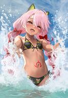 1girl animal_ears bare_shoulders bikini black_bikini blue_sky blush braid cat_ears chloe_von_einzbern chloe_von_einzbern_(swimsuit_avenger) chloe_von_einzbern_(swimsuit_avenger)_(second_ascension) collarbone dark-skinned_female dark_skin fake_animal_ears fategrand_order fate_(series) flat_chest green_bikini hair_between_eyes hair_ribbon hairband long_hair looking_at_viewer low_twin_braids navel ocean open_mouth orange_eyes pink_hair ribbon sensitive sky smile solo splashing stomach_tattoo swimsuit tattoo twin_braids two-tone_bikini wading yamaneko_(tkdrumsco) // 1225x1775 // 346.6KB