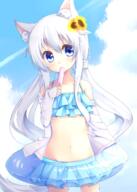 1_female 1girl absurdres animal_ears bikini bikini_skirt bikini_under_clothes blue_bikini blue_eyes cloud collarbone cowboy_shot day ears eating fang female flower food frilled_bikini frills hair_flaps hair_flower hair_ornament holding holding_food innertube joujou loli long_hair looking_at_viewer mature navel off_shoulder open_clothes open_shirt original popsicle pov safe shirt sky solo stomach sunflower sunlight swimsuit swimsuit_under_clothes swimsuits swimwear tail tied_hair twintails white_hair young // 2589x3623 // 6.1MB