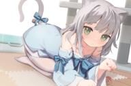 1girl 3 4476264_zelmeledf2 all_fours animal_ear_fluff animal_ears animal_tail bare_shoulders bell blue_bow blue_dress blue_sleeves bow cat_ears cat_girl cat_tail clavicle clenched_hands cloneko_(zelmeledf2) closed_mouth clothing collarbone commentary_request detached_sleeves dress female flat_chest full_body green_eyes grey_hair indoors jingle_bell legwear long_sleeves looking_at_viewer medium_hair no_shoes on_floor original pantyhose paw_pose pettanko pixiv questionable safe sensitive sleeve_bow solo spaghetti_strap tail tail_bell tail_bow tail_ornament thighband_pantyhose white_legwear white_pantyhose wide_sleeves // 2623x1727 // 3.1MB