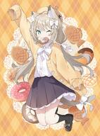 1girl ;d animal_ear_fluff animal_ears argyle_background arm_up black_skirt black_socks blush bow brown_background brown_cardigan brown_footwear brown_hair cardigan cat_ears cat_girl cat_tail collared_shirt commentary cream_puff doily doughnut dress_shirt food food_in_mouth full_body green_eyes grey_bow hair_bow highres kneehighs loafers long_hair long_sleeves looking_at_viewer low_twintails mouth_hold one_eye_closed open_cardigan open_clothes original pleated_skirt puffy_long_sleeves puffy_sleeves shirt shoes skirt sleeves_past_fingers sleeves_past_wrists smile socks solo symbol-only_commentary tail tail_bow tail_ornament taiyaki tantan_men_(dragon) twintails very_long_hair wagashi white_bow white_shirt // 1257x1700 // 551.0KB