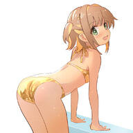 +_+ 1girl ass bare_arms bare_legs bare_shoulders bent_over bikini blush brown_hair colored_inner_hair commentary d eyes_visible_through_hair fang gelbooru gold_bikini green_eyes hair_intakes kyarahiba looking_at_viewer looking_back multicolored_hair oka_asahi onii-chan_wa_oshimai! open_mouth orange_hair sensitive short_hair simple_background smile solo swimsuit two-tone_hair two_side_up white_background // 1100x1100 // 395.0KB