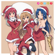 00s 3girls aacvushiwoe bad_id bag blue_eyes blue_hair boots breasts brown_eyes brown_hair christmas christmas_outfit cleavage clothing commentary_request female finger_to_mouth footwear gloves hat headwear high_resolution large_breasts latex long_hair multiple_females multiple_girls official_style open_mouth panties petite pink_eyes red_hair santa_hat sensitive short_hair smile thigh-highs thighhighs toradora! yande.re こく たぶんあの袋の中には竜児がいる。 サンタ メリクリ！(ひねり無し 川嶋亜美 逢坂大河 野生の公式 // 1400x1400 // 1.2MB