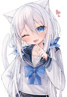 1girl ;d animal_ear_fluff animal_ears bangs black_sailor_collar black_skirt blue_bow blue_eyes blush bow cat_ears cat_girl cat_tail commentary_request fang hair_between_eyes head_tilt heart highres long_hair long_sleeves looking_at_viewer low_twintails one_eye_closed original pleated_skirt puffy_long_sleeves puffy_sleeves ringouulu sailor_collar school_uniform serafuku shirt simple_background skirt smile solo tail twintails twitter_username very_long_hair white_background white_hair white_shirt // 1008x1452 // 1.0MB