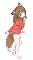 1girl animal_ear_fluff animal_ears barefoot brown_hair comodomodo feet finger_to_mouth fox_ears fox_girl fox_tail from_side full_body green_eyes jacket no_pants orange_jacket original sensitive short_hair shushing sol_(comodomodo) solo tail thighs // 452x810 // 117.6KB