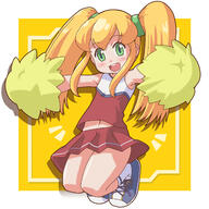 1_female 1girl alternate_hairstyle armpits blonde_hair capcom cheerleader female flat_chest footwear green_eyes hair_ribbon high_resolution jumping ki_(adotadot) long_hair looking_at_viewer mature midriff navel open_mouth pom_poms pov red_skirt ribbon robot_master rockman rockman_(classic) roll safe shoes skirt solo stomach tied_hair twin_tails twintails // 1600x1600 // 895.1KB