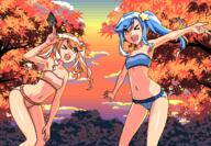 16bit_sensation 2girls arm_up autumn_leaves bikini blue_bikini blue_hair chipushishi collaboration commentary_request dusk hair_ornament hand_on_own_knee kanikanitengoku koyama_kikiko koyama_rarako lowres multiple_girls one_eye_closed open_mouth orange_bikini orange_eyes orange_hair orange_sky pc-98 pc-98_(style) pc98 pixel_art pixel_artwork sensitive side_ponytail sidelocks sky star_(symbol) star_hair_ornament striped striped_bikini striped_clothes swept_bangs swimsuit tree twintails watanabe_akio wavy_ends // 480x332 // 26.6KB