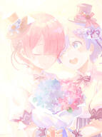 2girls blue_eyes blue_flower blue_hair blush bouquet closed_eyes closed_mouth commentary_request flower flower_knot frills general hair_ornament hair_over_one_eye hair_ribbon harusabin hat heads_together highres holding holding_bouquet mini_hat mini_top_hat multiple_girls one_eye_closed open_mouth pink_flower purple_ribbon ram_(re_zero) ram_(zero) re_zero_kara_hajimeru_isekai_seikatsu rem_(re_zero) rem_(zero) ribbon short_hair siblings simple_background sisters smile teeth top_hat twins upper_teeth_only x_hair_ornament zero_kara_hajimeru_isekai_seikatsu // 1174x1575 // 1.6MB