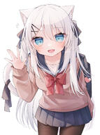 1girl animal_ear_fluff animal_ears bag black_bow blue_eyes blue_sailor_collar blue_skirt bow breasts brown_pantyhose brown_sweater cat_ears cat_girl cat_tail commentary_request d fang hair_between_eyes hair_bow hair_ornament hairclip hand_up heart highres leaning_forward long_sleeves looking_at_viewer original pantyhose pleated_skirt puffy_long_sleeves puffy_sleeves red_bow ringouulu sailor_collar school_bag school_uniform serafuku simple_background skirt sleeves_past_wrists small_breasts smile solo standing sweater tail two_side_up white_background white_hair x_hair_ornament // 1280x1720 // 1.3MB