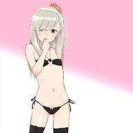 1girl 2d_art bikini black_bikini black_legwear black_swimsuit black_thighhighs blush brown_eyes commentary female finger_to_mouth flat_chest flower grey_hair hair_flower hair_ornament loli looking_at_viewer mayafufu micro_bikini navel original pettanko pink_background pixiv_89221087 q questionable safe sensitive side-tie_bikini side-tie_bikini_bottom simple_background solo standing swimsuit swimsuits thigh-highs thighhighs two-tone_background white_background おへそ まやふふ(賢) ビキニ マイクロビキニ ロリ 黒ビキニ 黒ビキニちゃん08 // 4561x4561 // 2.1MB