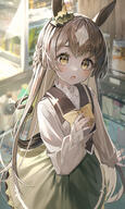 1girl absurdres animal_ears animal_ears_(norankkori) blurry blurry_background blush bow brown_eyes brown_hair collared_shirt day general green_skirt grey_sailor_collar half_updo hand_on_own_chest highres horse_ears horse_girl horse_tail indoors long_hair long_sleeves looking_at_viewer multicolored_hair nail_polish o open_mouth pink_nails sailor_collar satono_diamond satono_diamond_(umamusume) shirt skirt solo tail umamusume white_hair white_shirt yellow_bow ウマ娘プリティーダービー サトノダイヤモンド(ウマ娘) // 5000x8344 // 29.2MB