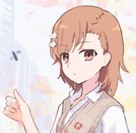 1girl brown_eyes brown_hair brown_sweater_vest coin coin_flip collared_shirt emblem flower general hair_flower hair_ornament looking_at_viewer medium_hair misaka_mikoto ryoha_kosako school_emblem school_uniform shirt solo summer_uniform sweater_vest toaru_kagaku_no_railgun toaru_majutsu_no_index tokiwadai_school_uniform white_shirt // 2062x2010 // 1.4MB