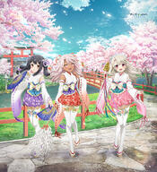 3girls bell black_hair blue_sky blush bridge brown_eyes cherry_blossoms chloe_von_einzbern dark-skinned_female dark_skin day detached_sleeves fatekaleid_liner_prisma_illya fate_(series) folding_fan full_body general gohei grey_hair hair_ornament hand_fan illyasviel_von_einzbern japanese_clothes jingle_bell kagura_suzu long_hair looking_at_viewer miko miyu_edelfelt multiple_girls nontraditional_miko official_art open_mouth orange_eyes outdoors pink_hair red_eyes sandals satou_kaori skirt sky smile thighhighs torii tree wide_sleeves zettai_ryouiki zouri // 1000x1100 // 700.4KB