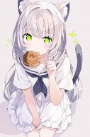 1girl animal_ear_fluff animal_ears animal_tail bangs black_neckerchief black_neckwear blush cat_ears cat_girl cat_tail clothing commentary cropped_legs doughnut female food food_in_mouth frilled_skirt frills from_below general green_eyes grey_background grey_hair hair_between_eyes hair_intakes hand_up highres long_hair looking_at_viewer mouth_hold neckerchief nekomimi original paw_pose safe sailor_collar school_uniform seifuku serafuku short_sleeves simple_background sitting skirt solo sparkle symbol-only_commentary tail tantan_men_(dragon) uniform very_long_hair viewed_from_below white_hair white_sailor_collar white_serafuku white_skirt // 844x1280 // 241.0KB