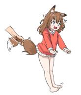 1boy 1girl animal_ear_fluff animal_ears barefoot blush brown_hair comodomodo fang feet fox_ears fox_girl fox_tail grabbing_another's_tail green_eyes no_pants open_mouth orange_shirt original sensitive shirt short_hair sol_(comodomodo) surprised tail tail_grab thighs toes // 730x847 // 177.6KB