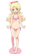 1_female 1girl 3 barefoot bikini blonde blonde_hair bow breasts clavicle clothing collarbone commentary_request eyebrows eyebrows_visible_through_hair feet female female_only female_solo full_body garrison_cap general green_eyes hair_bow hair_ornament halterneck himesaka_noa long_hair looking_at_viewer mel_(melty_pot) navel open_mouth pink_bikini pink_swimsuit point_of_view pov red_bow s safe sensitive side-tie_bikini side-tie_bikini_bottom simple_background small_breasts smile solo standing stomach string_bikini swimsuit swimwear watashi_ni_tenshi_ga_maiorita! white_background // 815x1400 // 188.5KB