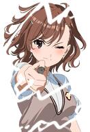 1girl aiming aiming_at_viewer bazz000033 blush breasts brown_hair brown_sweater_vest coin electricity electrokinesis emblem general hair_ornament hairpin holding holding_coin looking_at_viewer medium_breasts medium_hair misaka_mikoto one_eye_closed psychic railgun_(misaka_mikoto) school_emblem school_uniform shirt short_sleeves simple_background smile solo summer_uniform sweater_vest toaru_kagaku_no_railgun toaru_majutsu_no_index tokiwadai_school_uniform upper_body white_background white_shirt // 1998x2900 // 781.4KB