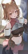 1girl animal_ears bare_shoulders black_sleeves blush borrowed_character brown_eyes brown_hair coffee coffee_mug cowboy_shot cup detached_sleeves hair_between_eyes holding holding_cup looking_at_viewer mug navel nekomimi ningen_mame open_mouth original pleated_skirt red_skirt sensitive short_hair skirt smile solo tail // 2166x4100 // 4.3MB