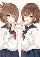 1 2girls bad_id bad_pixiv_id black_skirt blush breasts brown_eyes brown_hair commentary commentary_request eyebrows eyebrows_visible_through_hair fang female folded_ponytail general hair_between_eyes hair_clip hair_ornament hair_tie hairclip hayuiop123 heart heart_hands heart_hands_duo highres ikazuchi_(kancolle) ikazuchi_(kantai_collection) inazuma_(kancolle) inazuma_(kantai_collection) kantai_collection long_hair long_sleeves looking_at_viewer mature medium_hair miniskirt multiple_females multiple_girls neckerchief open_mouth pleated_skirt ponytail pov red_neckerchief red_neckwear safe sailor_uniform school_uniform schoolgirl_uniform serafuku simple_background skirt sleeve_cuffs small_breasts standing tied_hair uniform white_background yuzuzukushi まったく、駆逐艦は最高だぜ!! ゆずづくし@2日目西ひ-09a 暁 第六駆逐隊 艦これ 艦これ1000users入り 艦これかわいい 艦隊これくしょん 雷 電 響 // 848x1200 // 222.1KB