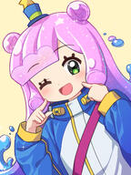 1girl baggy_clothes blue_hair blue_sleeves blunt_bangs blush double_bun general gradient_hair green_eyes hair_bun hands_up hat highres index_fingers_raised jacket kapa_draws long_hair long_sleeves looking_at_viewer mini_hat mini_top_hat monster_girl multicolored_hair one_eye_closed open_mouth puniru_(puniru_wa_kawaii_slime) puniru_wa_kawaii_slime purple_hair simple_background slime_girl solo top_hat white_jacket yellow_background // 1200x1600 // 1.6MB