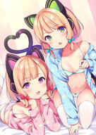 2girls animal_ear_headphones animal_ears bed_sheet blonde_hair blue_archive blue_bow blue_shirt blush bow bow_bra bow_panties bra breasts cameltoe cat_ear_headphones cat_ears cat_tail cleavage clothing commentary_request d fake_animal_ears female green_eyes hair_bow hair_ornament headphones heart heart_tail heart_tail_duo kneeling kofuyu_(cofyuuun) legs_up legwear loli long_sleeves looking_at_viewer lying midori_(blue_archive) momoi_(blue_archive) multiple_girls nekomimi no_pants off_shoulder on_stomach open-mouth_smile open_clothes open_mouth open_shirt pajama pajamas panties pantsu pink_shirt questionable red_bow red_eyes ribbon safe saiba_midori saiba_momoi sensitive shimapan shirt short_hair siblings sister sisters sleepwear sleeves_past_wrists small_breasts smile striped striped_bra striped_clothes striped_panties striped_underwear tail the_pose thighhighs twin twins underwear user_xaks8722 white_legwear みどもも ブルーアーカイブ ブルーアーカイブ1000users入り 下着 双子 才羽ミドリ 才羽モモイ 猫邦こふゆ 縞パン // 1654x2339 // 2.7MB