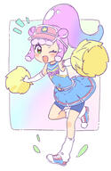 1girl ;d absurdres bike_shorts blue_hair blue_shirt blue_shorts blue_skirt cheerleader clothes_writing commentary_request double_bun elbow_gloves flower full_body general gloves gradient_hair green_eyes hair_bun hat high_ponytail highres jigatei_(omijin) looking_at_viewer loose_socks monster_girl multicolored_hair notice_lines official_alternate_costume one_eye_closed open_mouth pink_hair pink_hat pleated_skirt pom_pom_(cheerleading) ponytail puniru_(puniru_wa_kawaii_slime) puniru_wa_kawaii_slime red_flower romaji_text shirt shoes shorts shorts_under_skirt skirt sleeveless sleeveless_shirt slime_girl smile socks solo standing standing_on_one_leg visor_cap white_gloves white_socks // 1905x2925 // 3.1MB