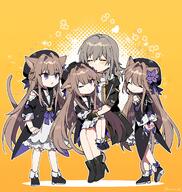 4girls _star_rail animal_ears arms_behind_back beret black_coat black_footwear black_gloves black_headwear black_jacket blush bow brown_hair buchu14569590 cat_ears cat_tail closed_eyes clothing_cutout coat doll_joints dress floppy_ears flower flower_ornament footwear_bow frills general gloves grey_hair hair_intakes hat heart herta_(_star_rail) herta_(honkai_star_rail) highres honkai_(series) honkai_star_rail jacket joints kemonomimi_mode key lock long_hair long_sleeves looking_at_another multiple_girls neckerchief o one_eye_closed open_clothes puppet purple_bow purple_eyes purple_flower purple_neckerchief purple_ribbon ribbon rrrrr_h8 safe short_hair shoulder_cutout sitting sitting_on_lap sitting_on_person sleeve_rolled_up standing standing_on_one_leg stelle_(_star_rail) tail tail_raised tail_wrap trailblazer_(_star_rail) trailblazer_(honkai_star_rail) violet_eyes white_dress yellow_background // 1600x1689 // 466.5KB