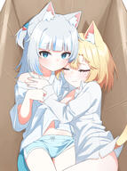 2girls alternate_costume animal_ears blonde_hair blue_eyes blue_hair blue_shorts blunt_bangs box bra_strap breasts cardboard_box cat_ears cat_girl cat_tail cleavage closed_eyes closed_mouth collared_shirt commentary_request dolphin_shorts dress_shirt fins fish_tail gawr_gura grey_hair hair_ornament hololive hololive_english hug in_box in_container knees_out_of_frame korean_commentary large_breasts long_sleeves looking_at_viewer lying medium_hair midriff_peek multicolored_hair multiple_girls naked_shirt navel no_pants on_back on_side oversized_clothes oversized_shirt sensitive shark_girl shark_hair_ornament shark_tail shirt short_hair short_shorts shorts sidelocks sleeves_past_wrists smile streaked_hair t-shirt tail two_side_up ugaaaa1 virtual_youtuber watson_amelia white_shirt // 2473x3313 // 1.8MB