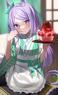 1girl absurdres animal_ears apron blush bow ear_ribbon eating food fruit general green_kimono green_ribbon highres holding holding_spoon horse_ears horse_girl horse_tail japanese_clothes kimono long_hair looking_at_viewer maid_apron mejiro_mcqueen_(umamusume) ningen_mame obi purple_eyes purple_hair ribbon sash shaved_ice solo spoon strawberry striped striped_kimono tail umamusume vertical-striped_kimono vertical_stripes violet_eyes wa_maid かき氷 にんげんまめ ウマ娘 ウマ娘プリティーダービー ウマ娘プリティーダービー1000users入り パクパクですわ メジロマックイーン(ウマ娘) 和メイドマックイーン 和風メイド // 2498x4063 // 4.1MB