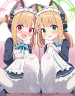 2girls animal_ear_headphones animal_ears apron black_dress blonde_hair blue_archive blush cat_tail dress fake_animal_ears frilled_apron frills green_eyes green_halo halo headphones loli long_sleeves looking_at_viewer maid maid_headdress midori_(blue_archive) midori_(maid)_(blue_archive) momoi_(blue_archive) momoi_(maid)_(blue_archive) multiple_girls open_mouth panties panties_under_pantyhose pantyhose pc_fworks pink_halo red_eyes sensitive short_hair siblings sisters soles striped_clothes striped_panties tail twins underwear white_apron white_pantyhose // 934x1203 // 795.1KB