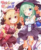 11 2d_art 2girls alternate_costume anzu_ame bangs black_headwear blonde_hair blue_eyes blush clownwolc commentary_request crystal demon_costume eyeball eyebrows_visible_through_hair flandre_scarlet gloves green_hair hair_between_eyes halloween_costume hat hatano_kokoro koishi_komeiji komeiji_koishi medium_hair multiple_girls no_hat no_headwear one_eye_closed one_side_up pantyhose pixiv_75565380 r-18 red_eyes safe satori_komeiji sensitive short_hair skirt thigh-highs thighhighs third_eye touhou touhou_project touhou_project_1000+_bookmarks trick_or_treat v-shaped_eyebrows wings witch witch_hat フランドール・スカーレット 古明地こいし 古明地さとり 杏飴 杏飴＠二日目東ロ-07ab 東方 東方project 東方project1000users入り 東方イラストつめあわせ 秦こころ // 742x900 // 810.0KB