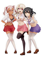 3girls american_school_uniform black_bra black_hair black_legwear black_underwear blush bra breasts chloe_von_einzbern clavicle cleavage closed_mouth clothing collarbone explicit eyebrows_visible_through_hair fatekaleid_liner_prisma_illya fate_(series) female female_focus full_body general groin gyaru hair_ornament hairclip hand_on_hip hand_on_own_hip heart heart_hands illyasviel_von_einzbern leg_up legwear long_hair looking_at_viewer midriff miniskirt miyu_edelfelt multiple_girls navel necktie official_art open_mouth orange_eyes pink_hair pink_skirt pleated_skirt purple_skirt red_eyes safe school_uniform sensitive shiny shiny_hair shiny_skin shirt short_hair simple_background skindentation skirt small_breasts smile standing striped striped_neckwear thighhighs tied_hair tied_shirt twintails underwear v white_background white_hair white_legwear white_shirt yellow_eyes zettai_ryouiki // 1447x2046 // 456.5KB