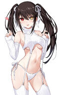 1girl asle asymmetrical_hair bare_shoulders black_hair breasts clock_eyes commentary cowboy_shot date_a_live detached_sleeves hands_up heart heterochromia looking_at_viewer medium_breasts meme_attire mismatched_pupils navel p panties red_eyes sensitive simple_background solo stomach sweater symbol-shaped_pupils tokisaki_kurumi tongue tongue_out turtleneck turtleneck_sweater twintails underboob underwear virgin_destroyer_sweater white_background white_panties yellow_eyes // 885x1377 // 452.0KB