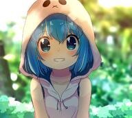 1_female 1girl 2d_art aoi_tori aoitori_jpn blue_eyes blue_hair commentary_request female grin hood mature original outdoors outside pixiv_1688603 pixiv_74131508 real_person safe shirt short_hair smile solo upper_body white_shirt あおいとり 笑顔 // 1216x1088 // 1.1MB