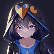 1girl animal_hood arch_linux black_hair blue_hair blue_shirt commentary crying crying_with_eyes_open english_commentary hood hood_up hooded_jacket jacket krita_(medium) linux looking_at_viewer multicolored_hair os-tan pac-man penguin_hood raviolimavioli sensitive sharp_teeth shirt solo streaked_hair tears teeth // 1754x1754 // 5.9MB