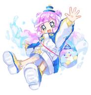 1girl animal_bag arm_up blue_hair blue_hat blush d double_bun full_body gradient_hair green_eyes hair_bun hat jacket long_hair long_sleeves looking_at_viewer mini_hat mini_top_hat monster_girl multicolored_hair open_mouth puniru_(puniru_wa_kawaii_slime) puniru_wa_kawaii_slime purple_hair shoe_soles shoes simple_background slime_girl smile solo standing ting_come top_hat v-shaped_eyebrows white_background yellow_footwear // 1000x1040 // 114.5KB