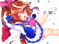 1girl ;d animal_ears ascot asymmetrical_gloves blue_eyes blue_gloves boots brown_hair clenched_hand confetti eyebrows_visible_through_hair gloves hair_ribbon horse_ears horse_girl horse_tail index_finger_raised light_blue_eyes long_hair long_sleeves mismatched_gloves multicolored_hair nanami_neru nnmi11 one_eye_closed open_mouth pink_ascot pink_neckwear pink_ribbon ponytail questionable ribbon safe simple_background smile solo streaked_hair tail tokai_teio_(umamusume) two-tone_hair umamusume v-shaped_eyebrows white_background white_footwear white_gloves white_hair 七海ねる // 1000x750 // 620.3KB