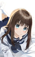 1girl bangs bed_sheet black_neckwear blue_eyes blue_sailor_collar blue_skirt blush brown_hair closed_mouth clothing commentary_request eyebrows_visible_through_hair feet female footwear hand_up legwear long_sleeves looking_at_viewer lying neckerchief no_shoes on_stomach original pentagon_(railgun_ky1206) pleated_skirt q7k9gorx railgun_ky1206 reddit s safe sailor_collar sailor_uniform_[original] seifuku shirt simple_background skirt skirt_lift smile socks soles solo white_background white_legwear white_shirt じーっ ぺんたごん オリジナル オリジナル3000users入り セーラー服 ソックス足裏 女の子 // 3100x5096 // 5.7MB