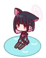 1girl animal_ears black_hair black_jacket blue_archive blunt_bangs blush cat_ears chibi colored_inner_hair extra_ears general hair_ornament hairclip halo jacket kazusa_(blue_archive) long_sleeves multicolored_hair neckerchief pink_eyes pink_hair red_neckerchief short_hair simple_background sitting solo white_background yoru_nai // 640x800 // 99.4KB