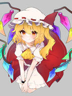 1girl ascot bangs blonde_hair closed_mouth crystal dress flandre_scarlet front_slit hat hat_ribbon looking_at_viewer mob_cap necono_(nyu6poko) one_side_up own_hands_together red_dress red_eyes red_ribbon ribbon safe sensitive short_sleeves smile solo touhou v_arms white_hat white_headwear wings yellow_ascot // 2508x3359 // 5.1MB