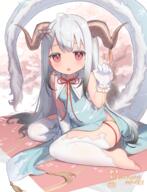 1girl 4476264_zelmeledf2 barefoot blue_dress breasts china_dress chinese_clothes chinese_zodiac claw_pose cloneko_(zelmeledf2) commentary_request dragon_girl dragon_horns dragon_tail dress explicit full_body gloves horns long_hair looking_at_viewer open_mouth original pelvic_curtain pixiv red_eyes side_slit sitting small_breasts solo tail translation_request very_long_hair white_gloves white_hair year_of_the_dragon yokozuwari // 1454x1900 // 2.4MB