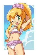 1girl 7 adotadot armpits blonde_hair blush cloud green_eyes hair_ornament ki_(adotadot) long_hair looking_at_viewer mega_man_(classic) mega_man_(series) navel one_eye_closed open_mouth ponytail ribbon rockman rockman_(classic) roll roll_(mega_man) safe smile solo swimsuit ひだまりスケッチ ゆゆ式 ゆるキャン△ クソ虫 ツイッター落書きまとめ21 ヤマノススメ ロールちゃん(ロックマン) 倉上ひなた 大垣千明 日向縁 櫟井唯 雪村あおい // 606x867 // 317.6KB