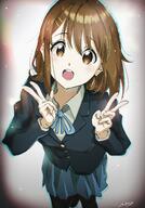 absurdres blazer brown_eyes brown_hair from_above hair_ornament hairclip highres hirasawa_yui jacket k-on! miniskirt open_mouth pantyhose ribbon safe school_uniform short_hair skirt solo teeth upper_teeth v verse // 2050x2938 // 1.4MB